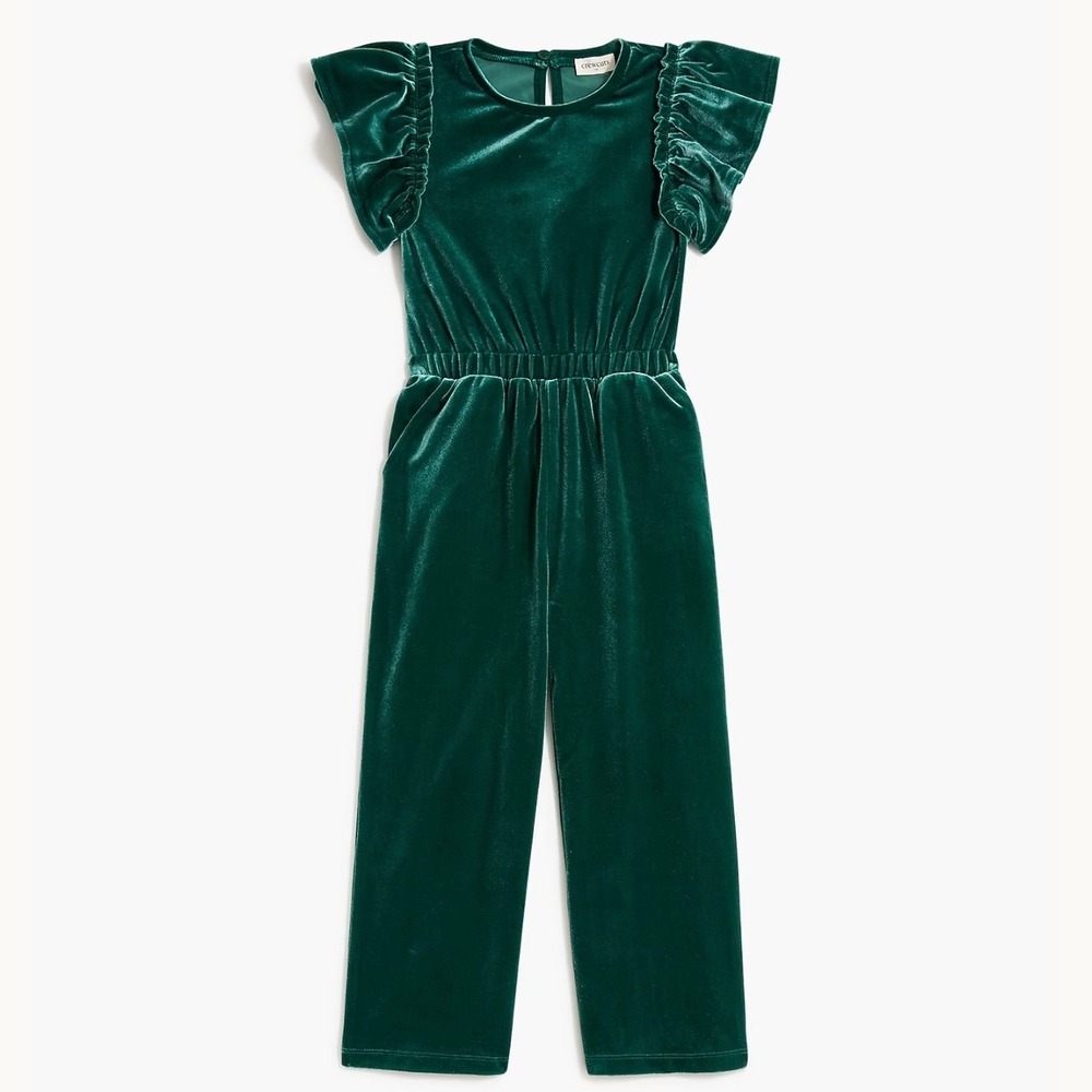 Crewcuts J Crew Girls Emerald Green Velvet Ruffle Jumpsuit Size 5 Holiday